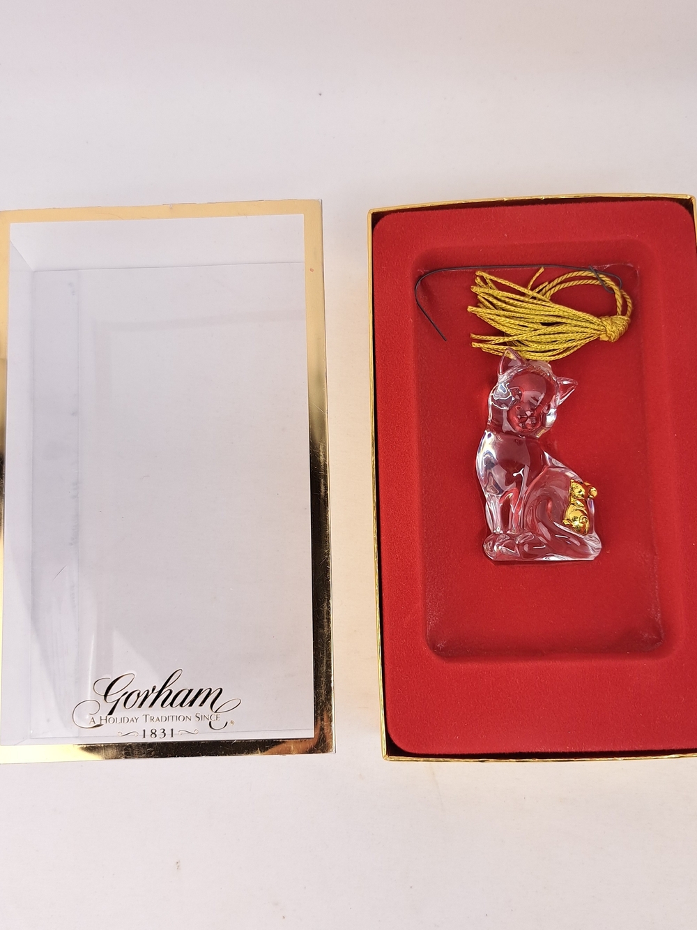 Gorham Clear Crystal Cat Ornament with Yellow Tassel and Gold Accent